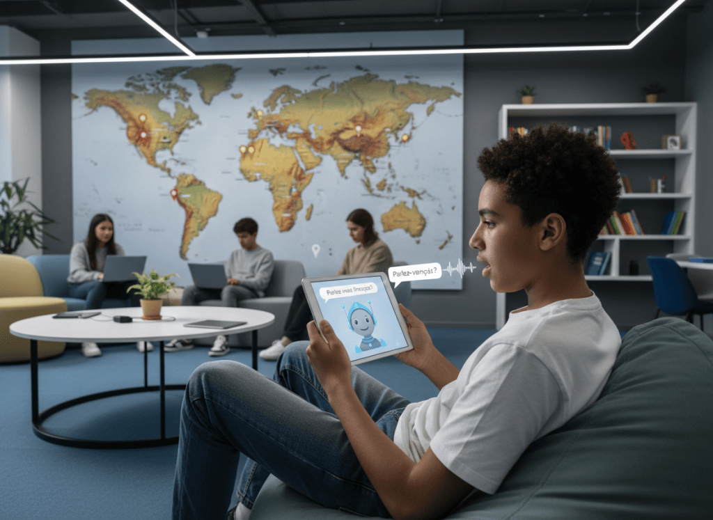 A teenager practicing speaking a foreign language with an AI app on a tablet, world map in background, diverse and modern learning environment