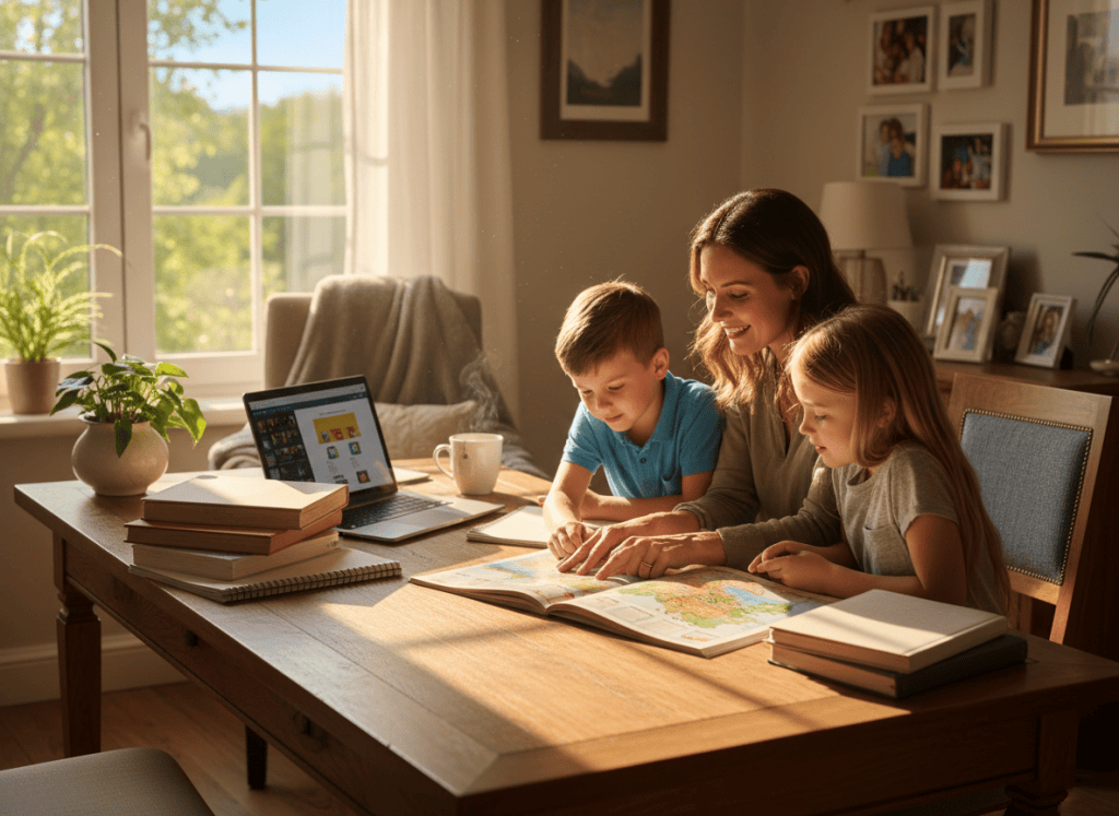 A warm, inviting scene of a parent and children learning together at a home desk, books and a laptop open, bright natural light through a window, cozy home setting
